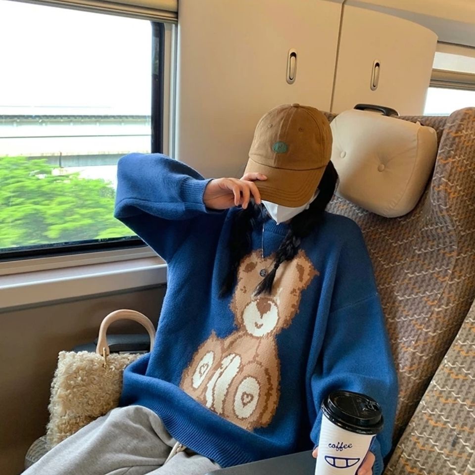 Áo sweater dáng rộng in hình gấu Klein dễ thương thời trang mùa thu mới 2021