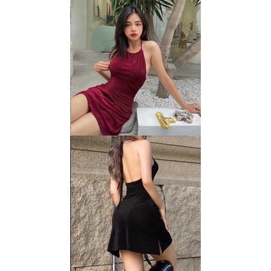 đầm yếm luồn dây cổ chất nhung gân lụa sang chảnh đẹp cực tôn dáng