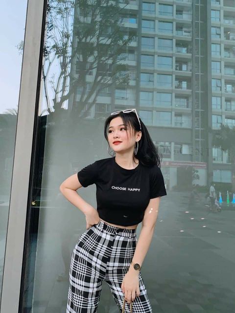 SET ÁO CROPTOP + QUẦN SUÔNG CARO ỐNG RỘNG TT51