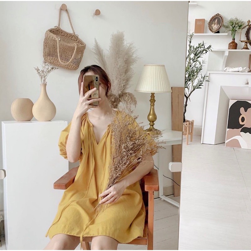 KÈM ẢNH THẬT❤Đầm suông vàng xám tay phồng cột nơ xd