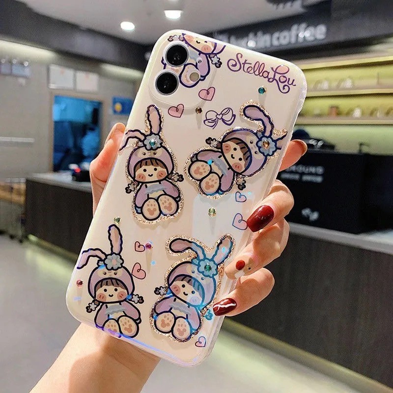 Ốp điện thoại nhựa in Hello Kitty đính kim cương xanh dương cho iPhone se/7/7p/8/8p/x/xs/xs max/xr/11/12/mini/promax