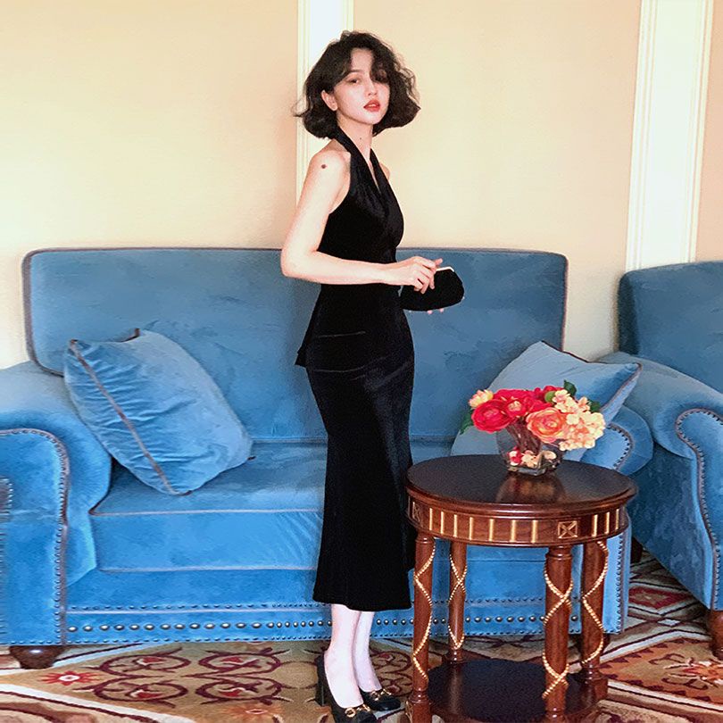 Đầm Đuôi Cá 22Ww F &amp; X Chất Nhung Phong Cách Pháp Cổ Điển Thời Trang Mùa Hè 2022 Quyến Rũ Cho Nữ