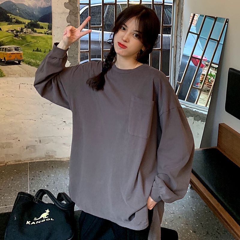 Áo nỉ tay dài cổ tròn dáng rộng màu sắc đơn giản dễ phối đồ