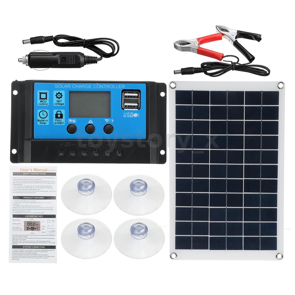 Tấm Sạc Năng Lượng Mặt Trời 100W + Bộ Điều Khiển 10-100A LCD 12V Cho Thuyền Lưu Động