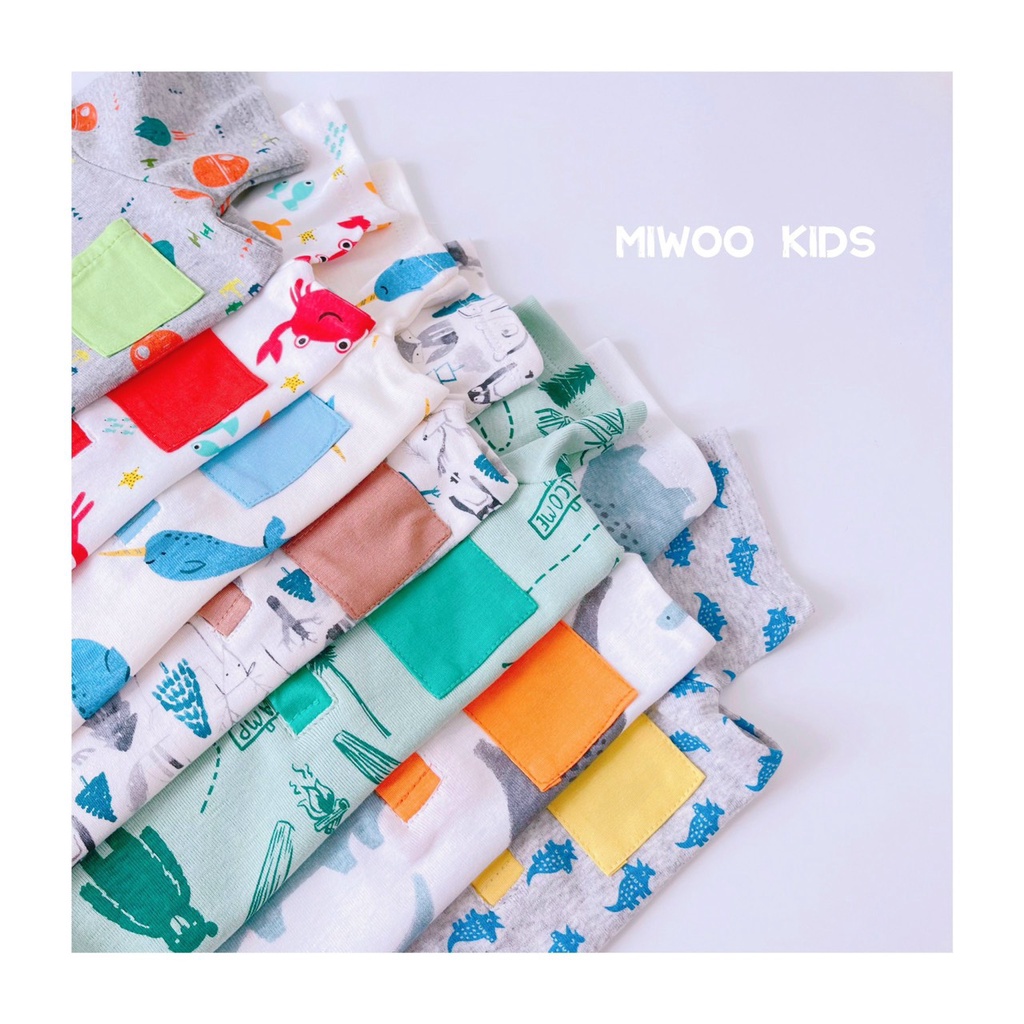 Đồ bộ bé trai tay ngắn quần dài thun cotton miwoo kid hoạ tiết động vật con thú cổ trụ phối túi áo - STMA