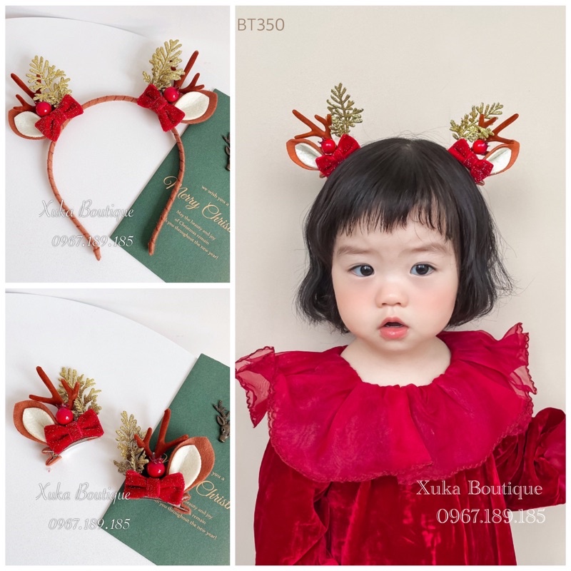 Bờm Tóc Giáng Sinh Noel Tuổi Teen Trẻ Em, Băng Đô Cài Tóc Cao Cấp Hình Sừng Tuần Lộc Gắn Nơ Đỏ, Bờm tóc Noel Cho Bé