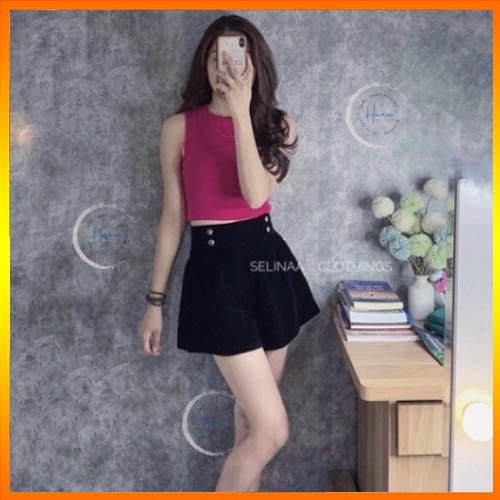 Quần Short Nhung Ống Rộng  Dáng Phồng Bản To Cạp Cao Khóa Sau Phối 4 Cúc Sang Chảnh Hanva