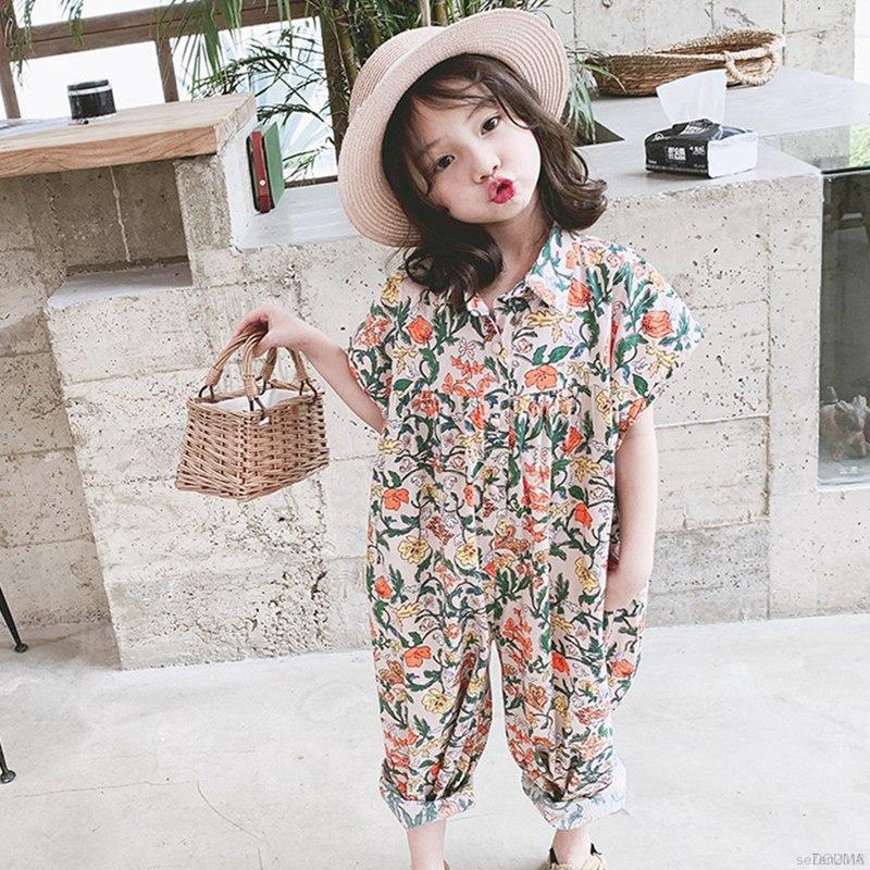Áo liền quần chất cotton hoạ tiết hoa thời trang mùa hè cho bé gái