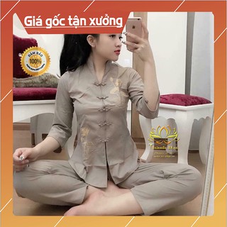 Bộ Quần Áo Đi Chùa Cổ Tàu Thêu Sen Màu Cà Phê(Xi măng) Chất Kate mềm mịn, dày dặn, không bai, không xù - Hàng đẹp loại 1