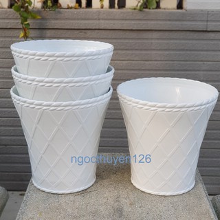  Bộ 04 chậu caro trồng hoa kiểng màu trắng nhựa dày đẹp size trung 27x27x18cm