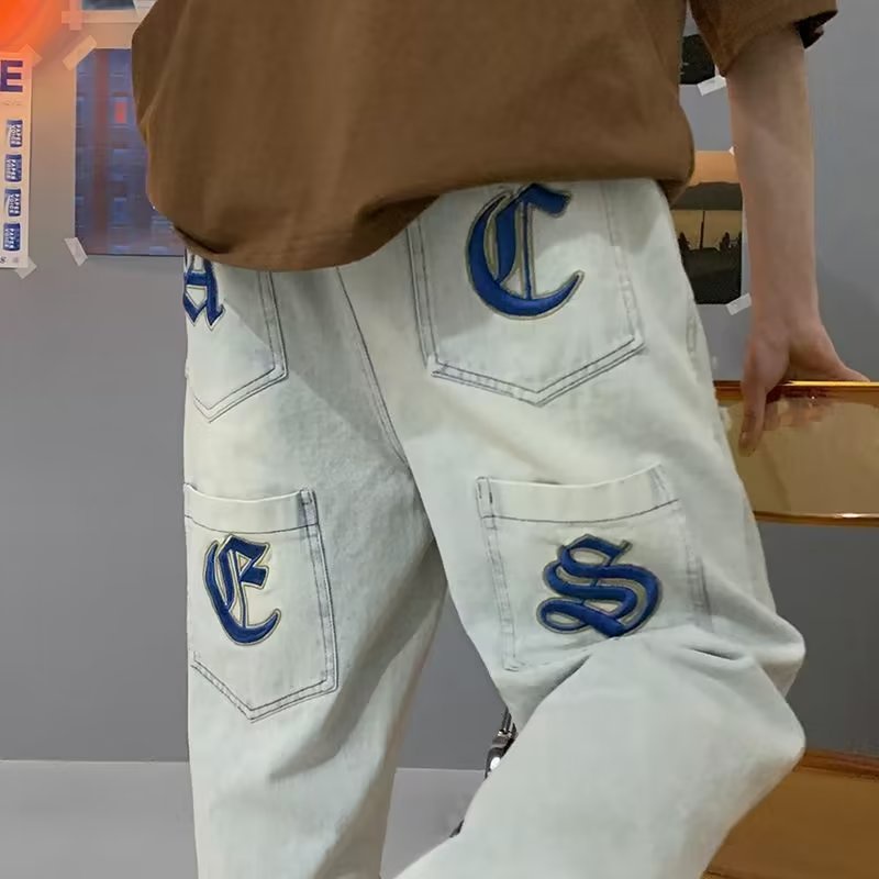 Quần Jean Dài Oversize Chống Mài Mòn Thêu Họa Tiết Thời Trang Phong Cách Hàn Quốc Cho Nam Size S-3XL