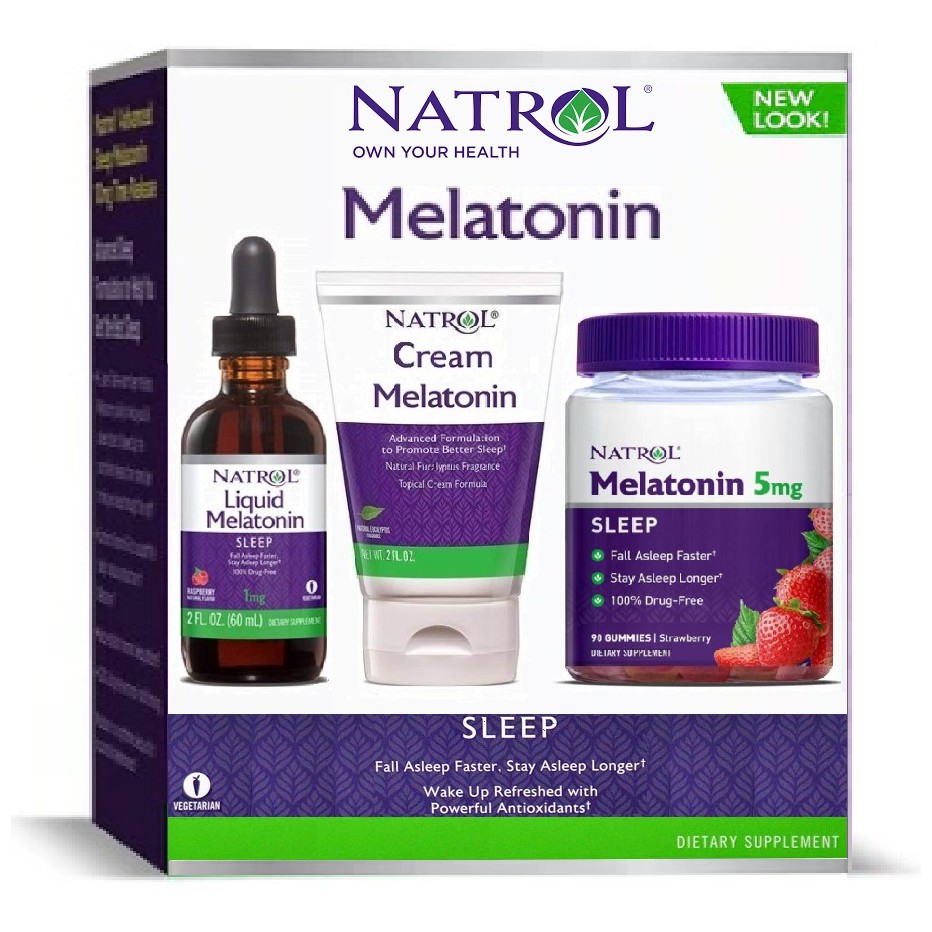 Combo MELATONIN đẹp da dưỡng tóc ngủ ngon Serum Cream Kẹo dẻo Nature Bounty Natrol Gummies Sleep 5mg 90 tablet 60g 60ml