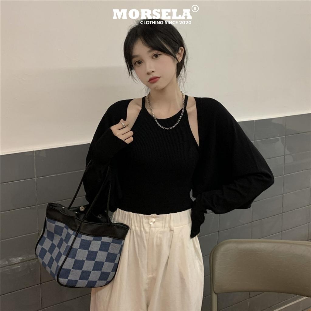 Set áo yếm GEO và áo khoác ngoài cardigan tay dài chất bo gân dày dặn phong cách Hàn Quốc - Morsela - SET01