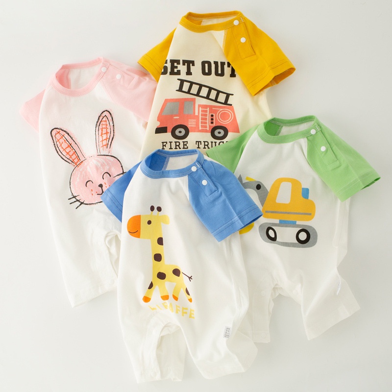Bộ đồ ngủ liền thân tay ngắn vải cotton họa tiết hoạt hình xinh xắn thời trang cho bé sơ sinh 0-18 tháng tuổi