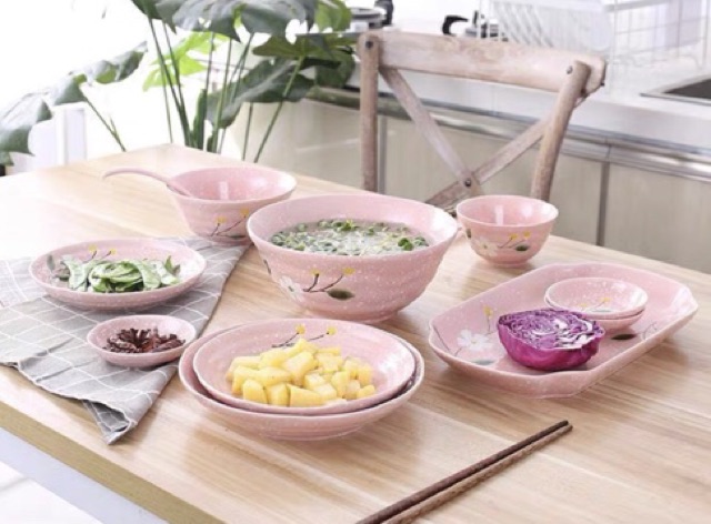 Set 31 món chén bát gốm hồng đào phong cách Nhật Bản