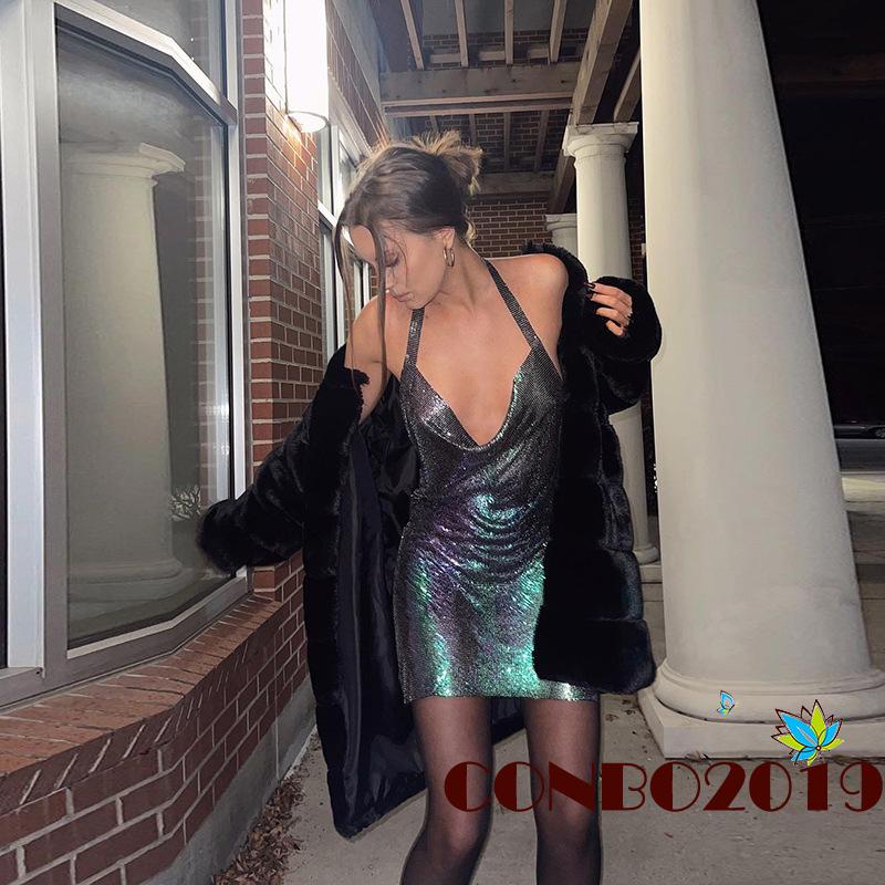 Đầm Body Cổ Yếm Đính Kim Sa Lấp Lánh Thời Trang Mùa Hè Cho Nữ