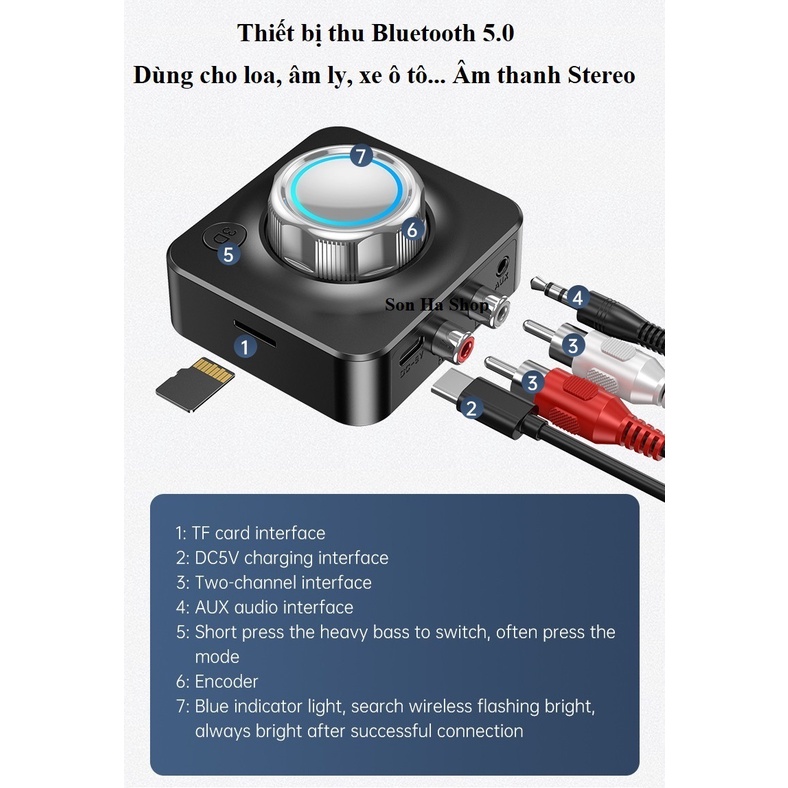 Thiết bị thu âm thanh không dây Hifi Stereo âm thanh 3D Bluetooth 5.0 cho loa, âm ly, xe ô tô 2 ngõ ra jack 3.5mm và AV