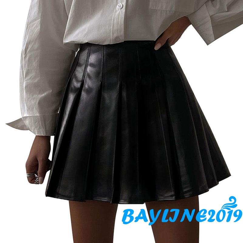 Chân váy da xếp ly lưng cao màu trơn khóa kéo thời trang xuân thu cho nữ