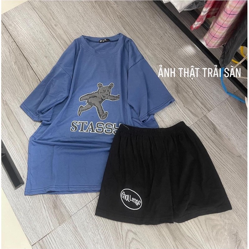 Bộ quần áo 🌸 FREESHIP 🌸 Bộ quần áo đùi in hình hai màu xám/xanh ulzzang unisex | BigBuy360 - bigbuy360.vn