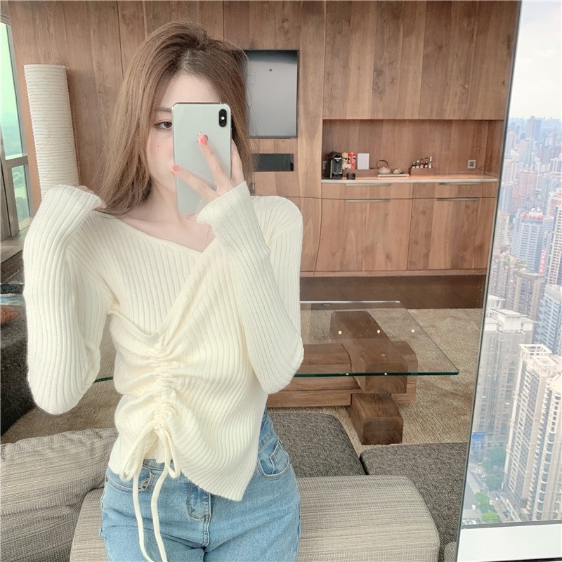 Áo Sweater Dệt Kim Cổ Chữ V Phối Dây Rút Phong Cách Retro Dành Cho Nữ