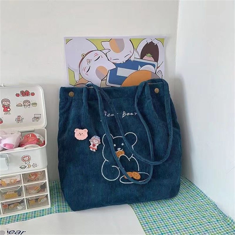 Túi tote đeo vai bằng vải nhung cỡ lớn hình gấu MIHAN1