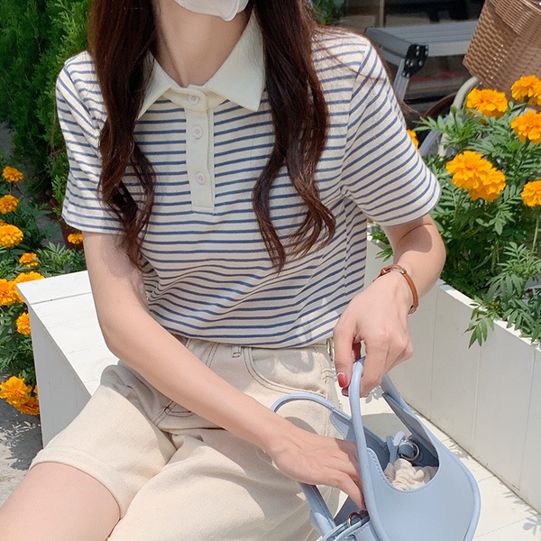 Áo polo SUXI ngắn tay họa tiết sọc ngang phong cách Hàn Quốc dành cho nữ