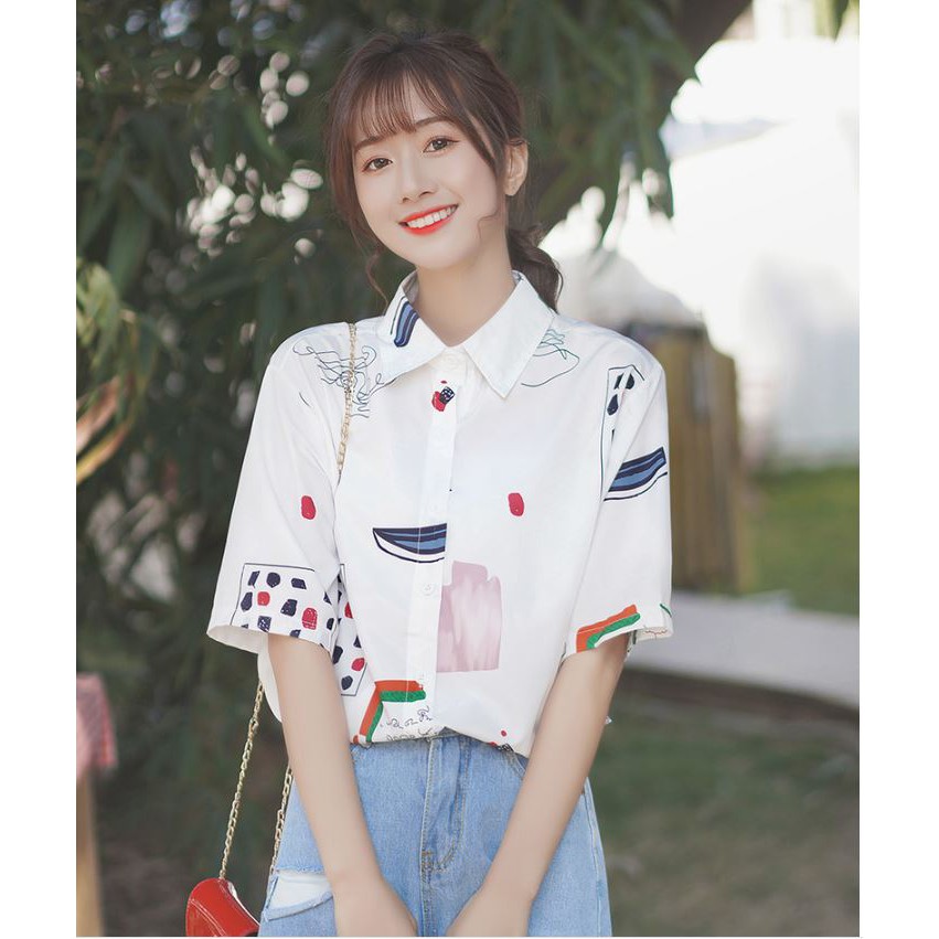 Áo Sơ Mi Nữ Form Rộng In Họa Tiết Dễ Thương 4YOUNG FASHION SMHT2