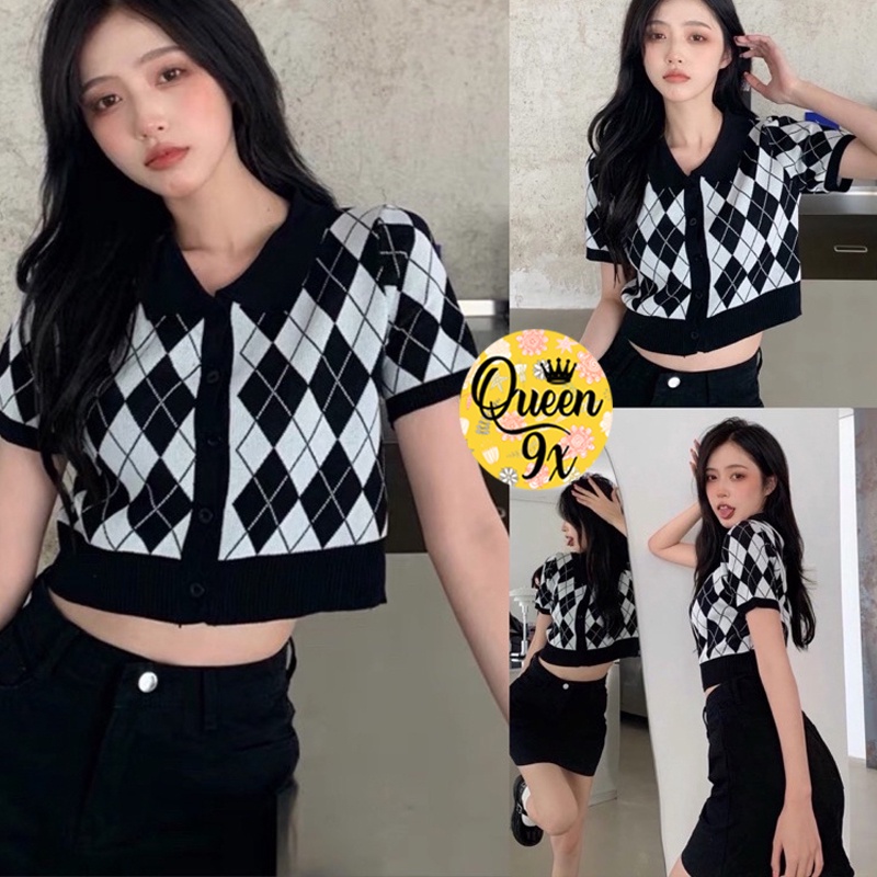 Áo Polo Croptop Kẻ Kim Cương Nữ Hot Trend