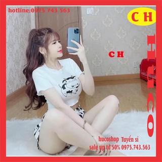 Sét đồ bộ nữ loang bò sữa hottrend 2021 gồm áo thun croptop cổ tròn chú bò mix quần đùi ống rộng cạp chun mặc mát