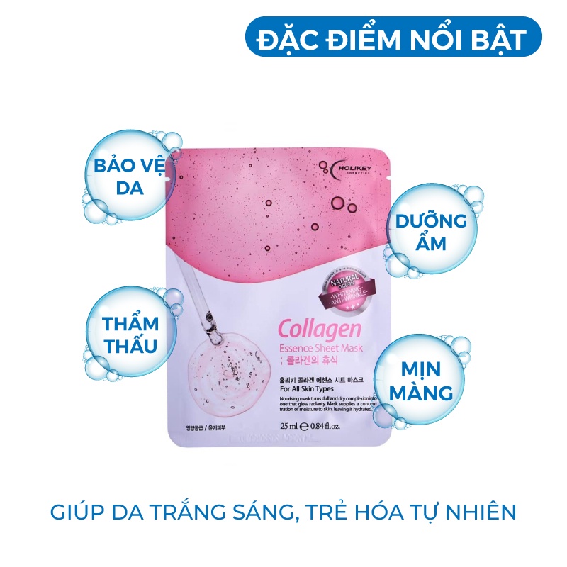Hộp 10 Túi Mặt nạ giấy - Mặt nạ collagen dưỡng trắng da chiết xuất từ Collagen làm căng &amp; trắng da Holikey Hàn Quốc
