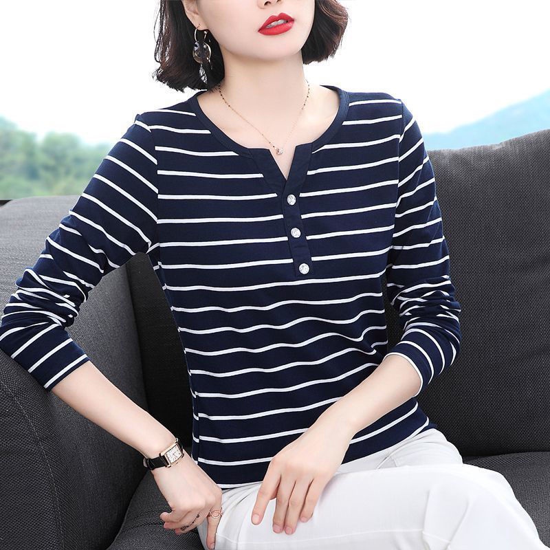 Áo thun tay dài cổ chữ v họa tiết kẻ sọc size lớn thời trang cho nữ