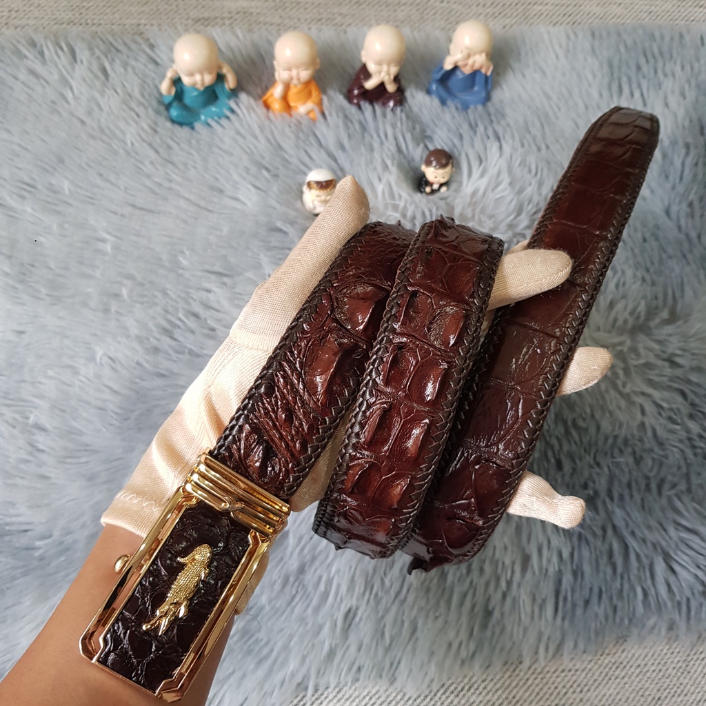 Dây Lưng Da Cá Sấu Đan Viền 3.5 Cm I Dây Lưng Da Cá Sấu Gù Lưng, Liền Nguyên Con Không Nối, Màu Nâu I Bảo Hành 24 Tháng