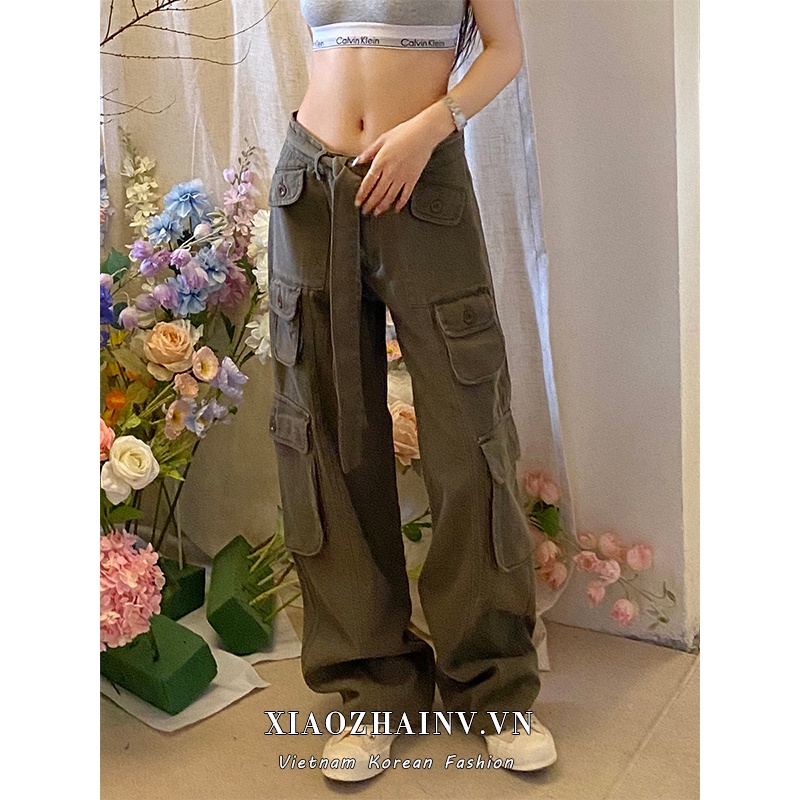 Quần jean nữ Xiaozhainv ống suông rộng cạp cao phối túi hộp cá tính