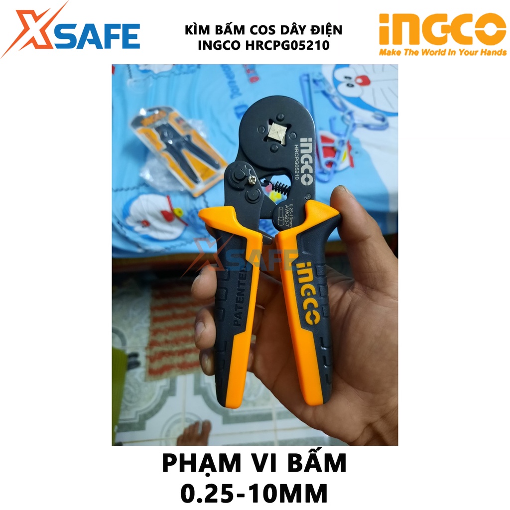 Kìm bấm cos dây điện Ingco HRCPG05210 size 6", phạm vi bấm 0,25-10mm, dùng ép, bấm chặt đầu cos với cáp