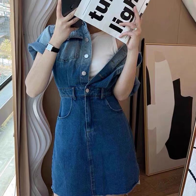 Design sense changing color denim dress summer 2022 New Retro polo collar fashion short sleeve A-line skirt women