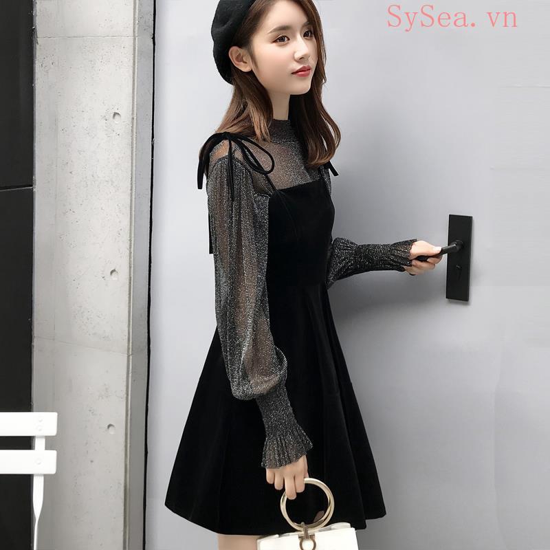 Set đồ 2 mảnh gồm áo sơ mi và đầm hai dây vải nhung có size ngoại cỡ thời trang Hàn Quốc cho nữ