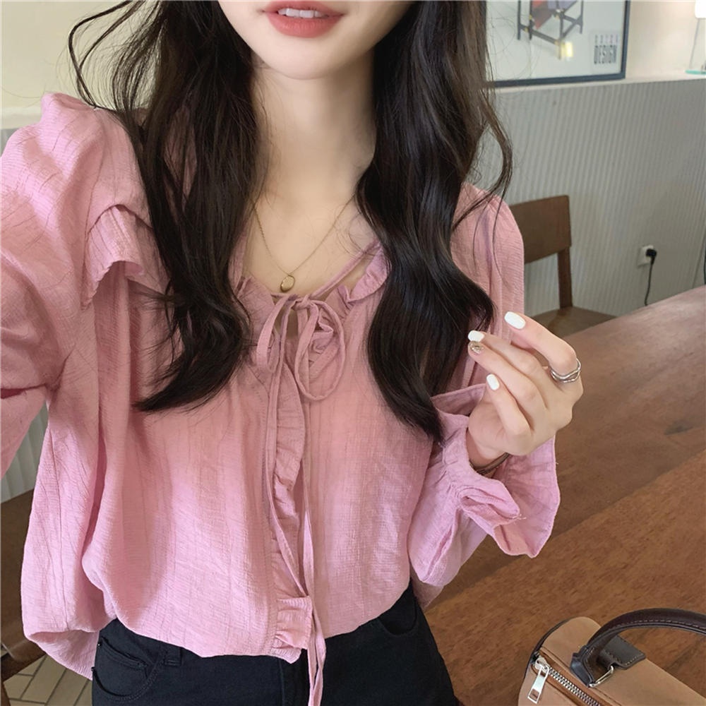 Áo Kiểu Tay Dài Cổ Chữ V Phối Ren Xếp Ly Thời Trang 50147