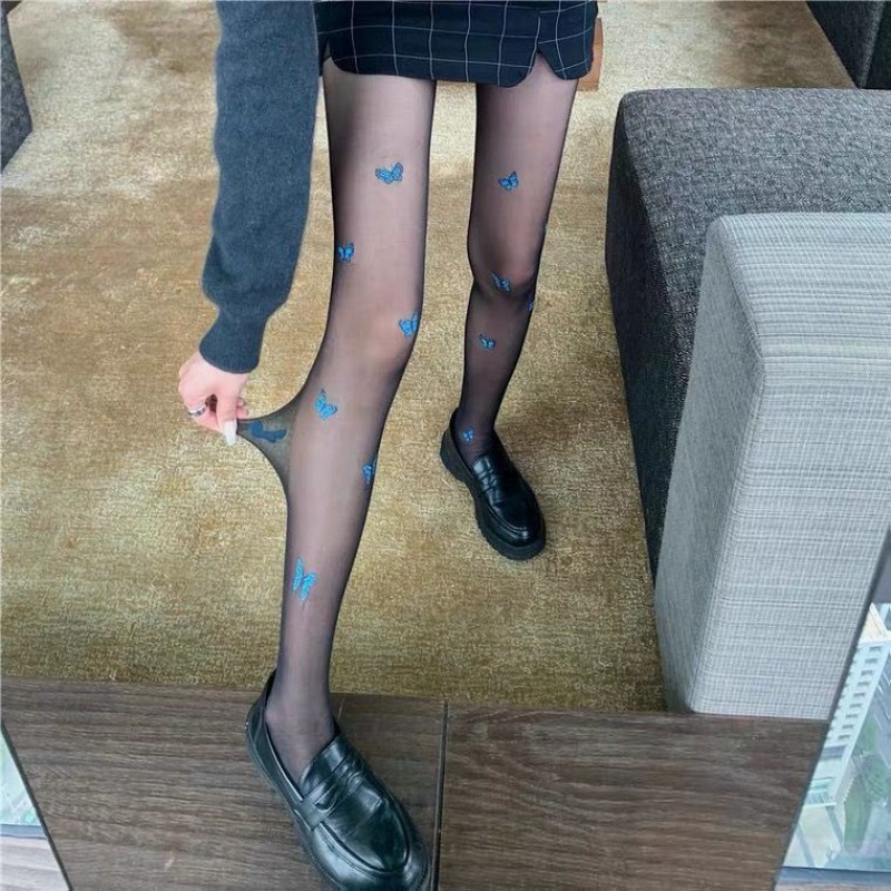 Blue Butterfly Print Stockings Female Ins Tide Sweet Thin Fairy Milk White Core-spun Sexy Silk Pantyhose Women Black Tights