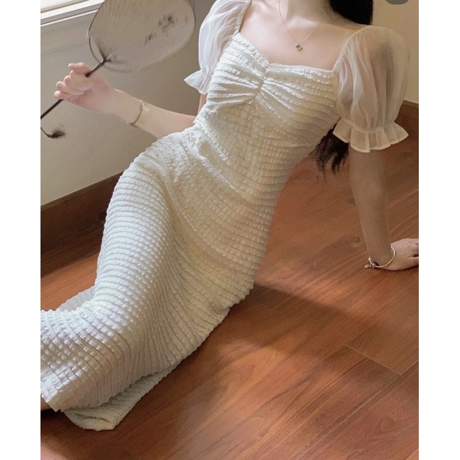 Váy midi voan nhún phối tay voan