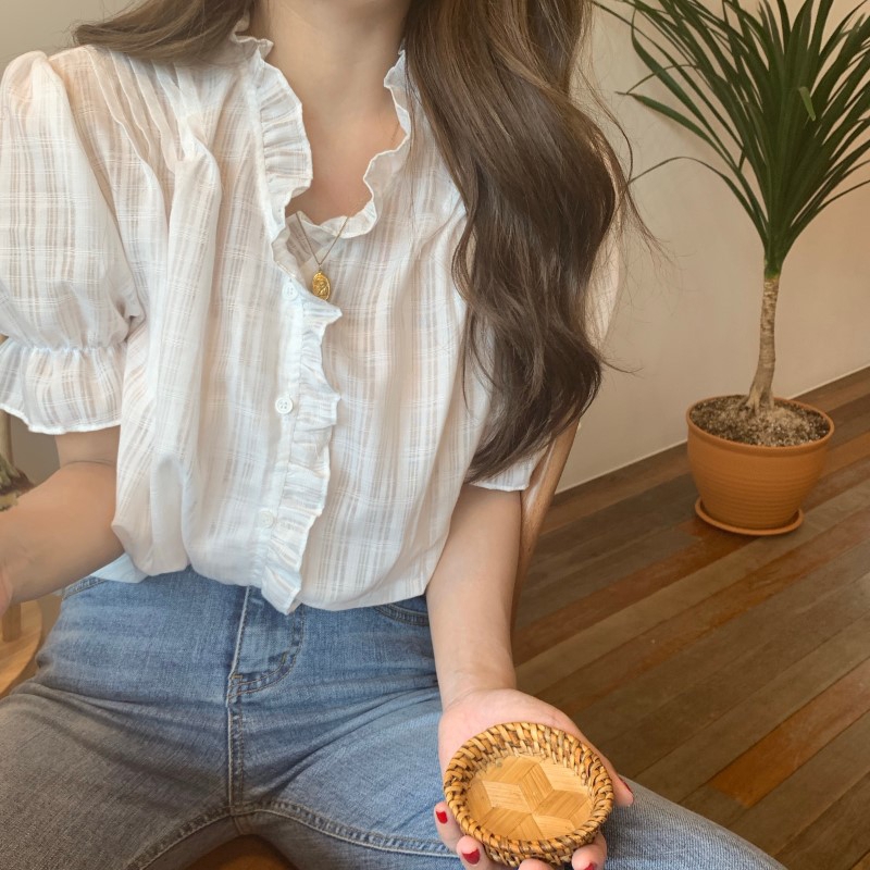 SUXI Áo Kiểu Tay Ngắn Phồng Cổ Chữ V Dáng Rộng Phong Cách Hàn Quốc