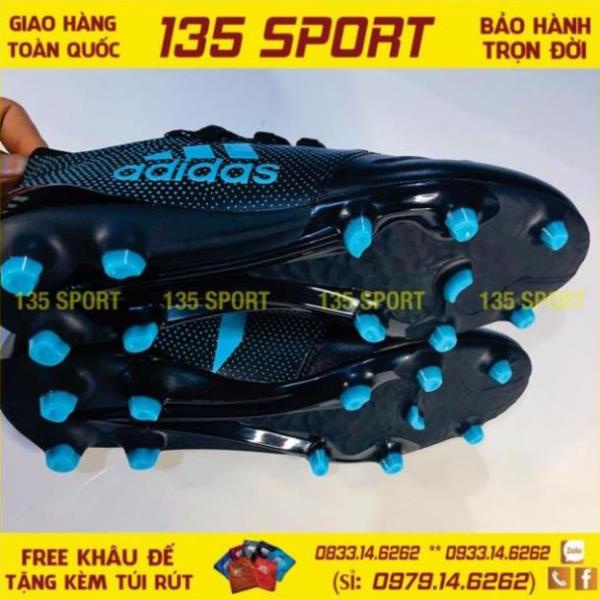 Giày Bóng Đá Đinh Cao X17.1 Leather Đen Chấm Bi Xanh FG *^ ^ *