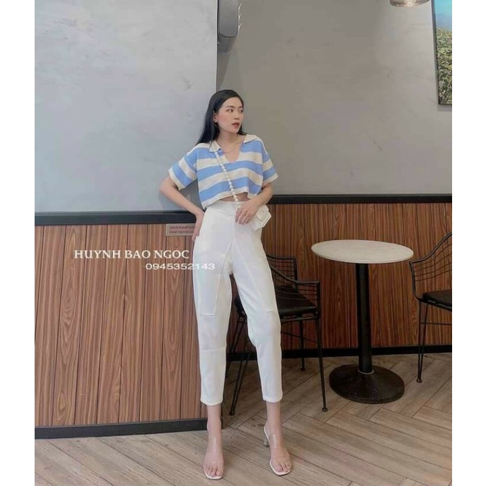 Áo croptop cổ bẻ khoét Quảng Châu kẻ sọc