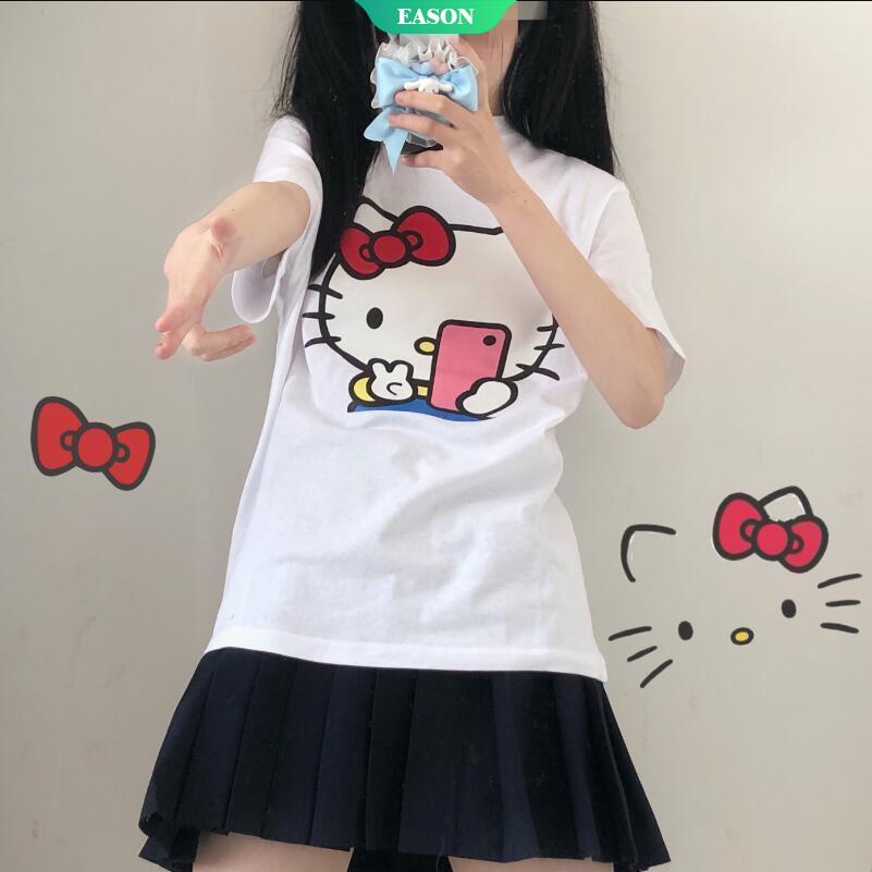 Áo Thun Tay Ngắn Dáng Rộng In Hình Mèo Hello Kitty Phong Cách Harajuku Cá Tính Cho Nam Nữ