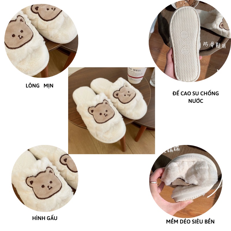 Dép lê nữ dép lông đi trong nhà thêu hình gấu đế cao su siêu bền giữ ấm êm chân Xiaomimi