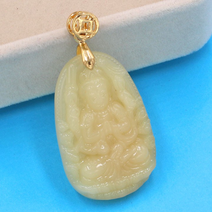 Mặt Phật Thiên Thủ Thiên Nhãn đá tự nhiên vàng 3.6cm - Phật bản mệnh tuổi Tý - Mặt size nhỏ - Tặng kèm móc inox