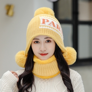 Mũ Len Kèm Khăn Quàng Cổ Đính Quả Bông Xinh Xắn Thời Trang Mùa Đông Cho Nữ