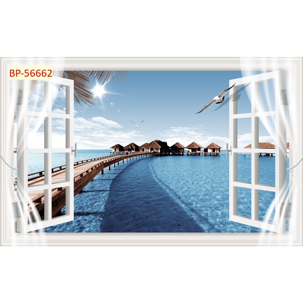 Tranh dán tường cửa sổ phong cảnh tưới mới