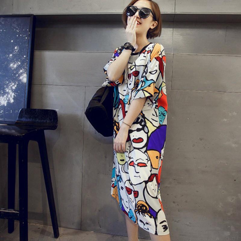 Đầm Tay Ngắn Dáng Rộng In Hình Cô Gái Phong Cách Hàn Quốc Thời Trang Cho Nữ