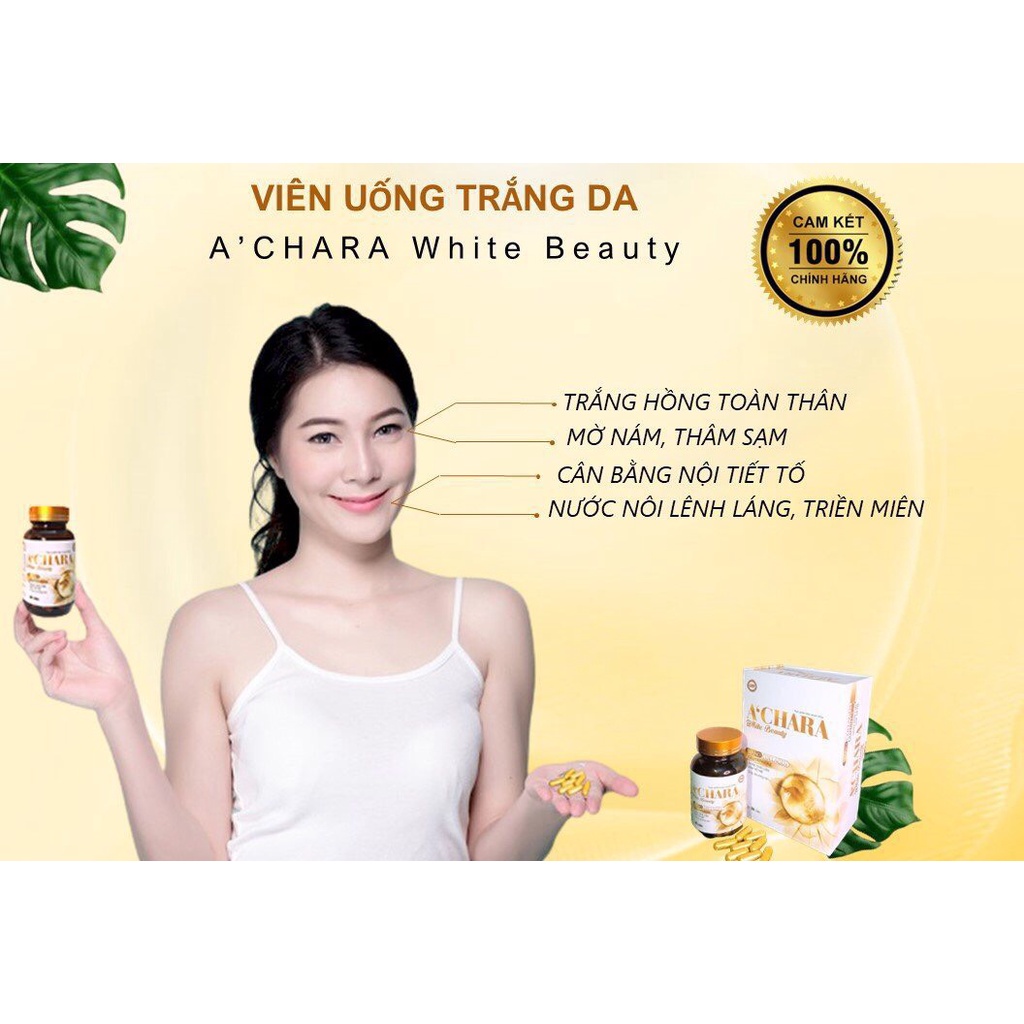 Viên uống trắng da toàn thân A'CHARA white beauty nano collagen, glutathione, nhau thai cừu, sâm tố nữ giúp da sáng mịn
