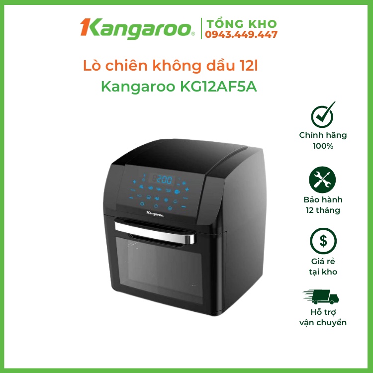 Lò chiên không dầu 12L Kangaroo KG12AF5A - 1500W - cho gia đình 7-10 người - 10 chế độ nấu cài đặt sẵn